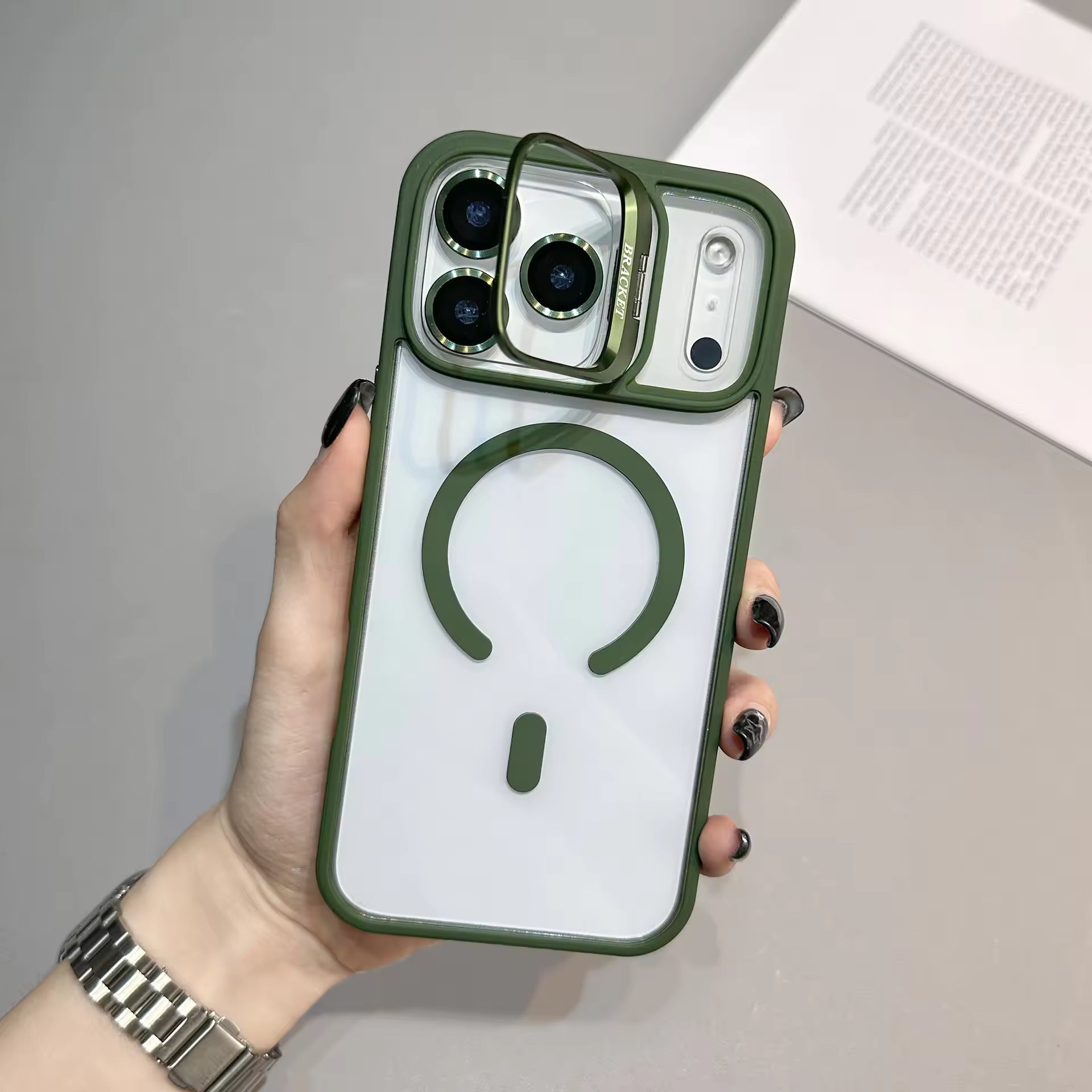 Shockproof Bracket Camera Protection Transparent Magnetic Phone Case for iPhone Series