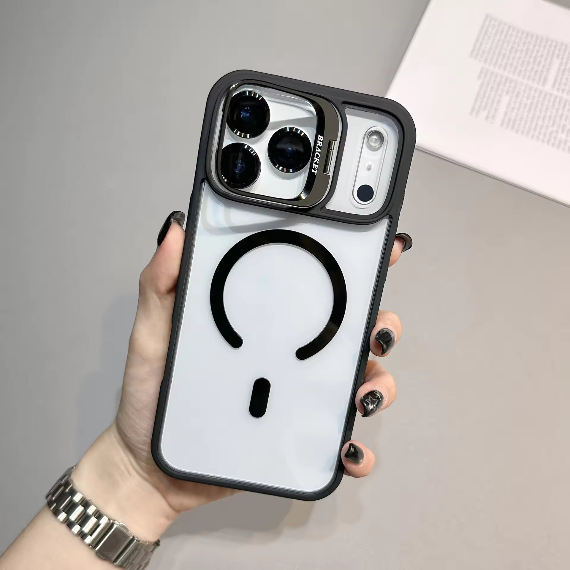 Shockproof Bracket Camera Protection Transparent Magnetic Phone Case for iPhone Series