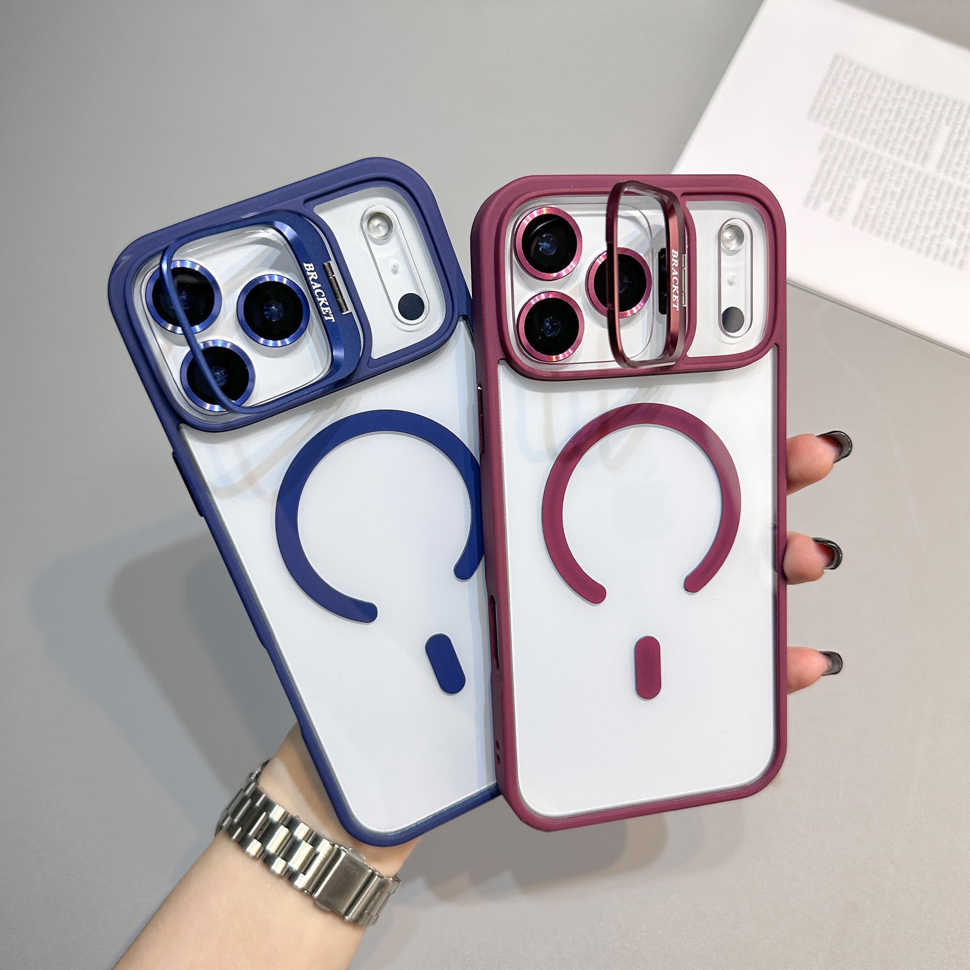 Shockproof Bracket Camera Protection Transparent Magnetic Phone Case for iPhone Series