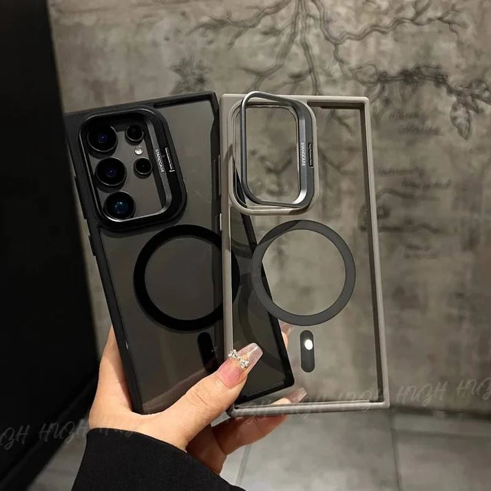 Transparent Magnetic Camera Lens Frame Invisible Stand Phone Case for Samsung Series