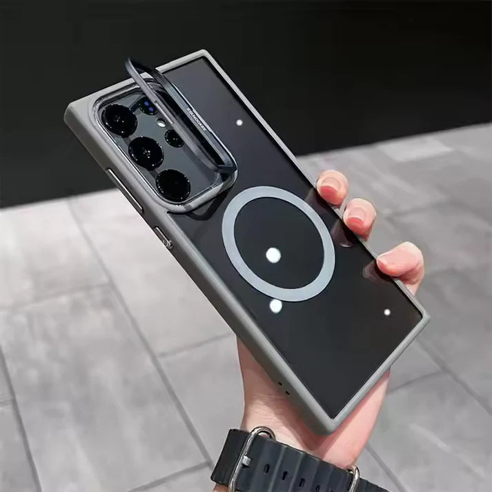 Transparent Magnetic Camera Lens Frame Invisible Stand Phone Case for Samsung Series