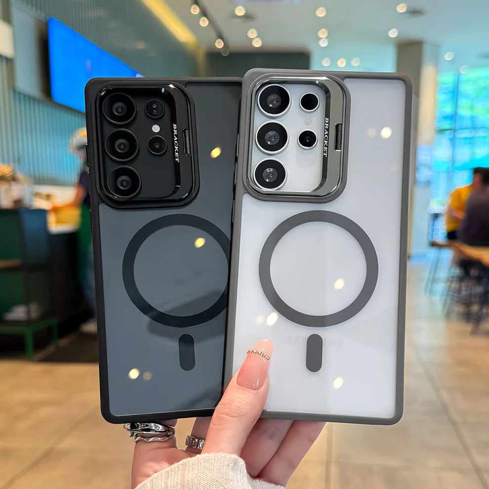 Transparent Magnetic Camera Lens Frame Invisible Stand Phone Case for Samsung Series