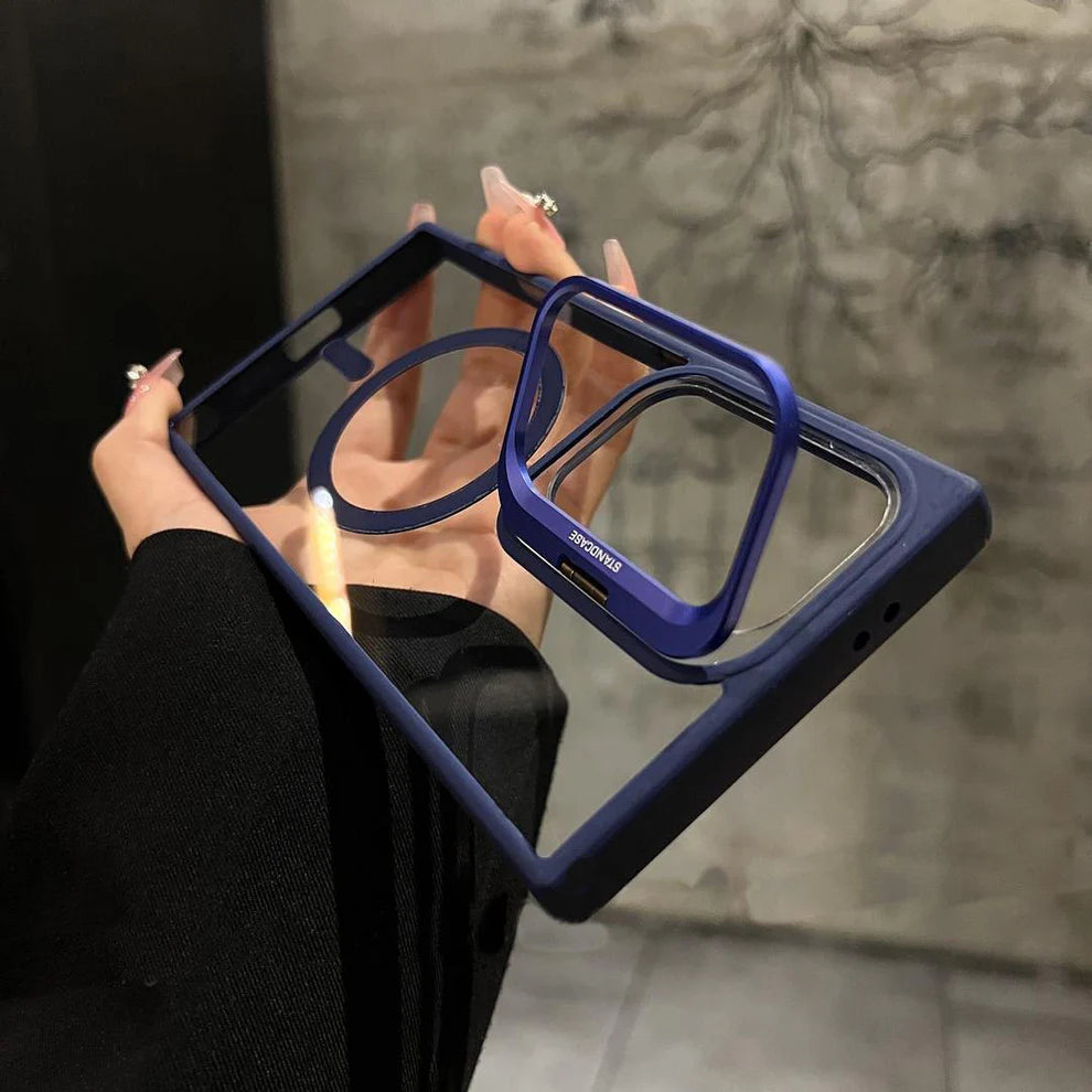 Transparent Magnetic Camera Lens Frame Invisible Stand Phone Case for Samsung Series