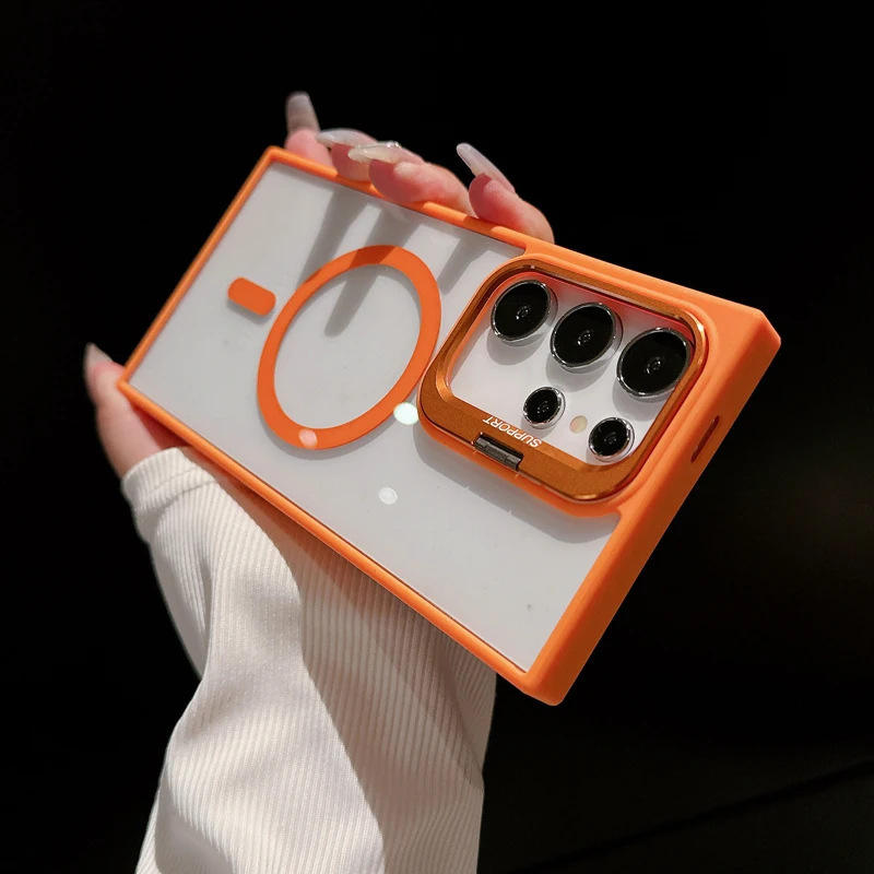 Transparent Magnetic Camera Lens Frame Invisible Stand Phone Case for Samsung Series