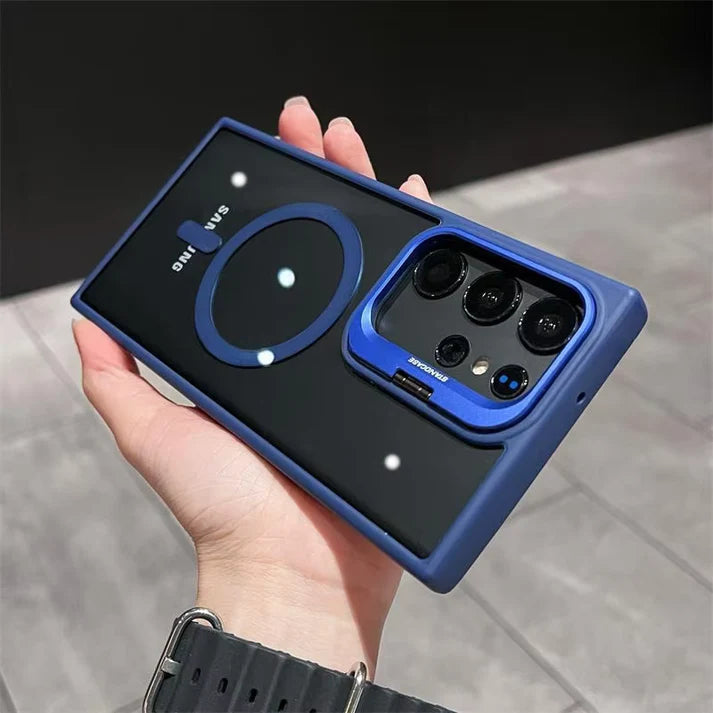 Transparent Magnetic Camera Lens Frame Invisible Stand Phone Case for Samsung Series