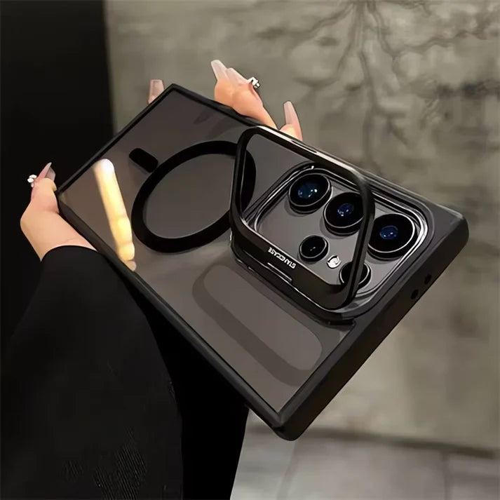 Transparent Magnetic Camera Lens Frame Invisible Stand Phone Case for Samsung Series