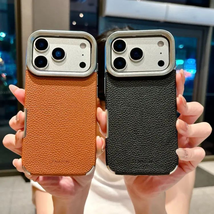 Luxury Electroplating Alloy Lens Frame Leather Texture iPhone Case – MagSafe Compatible Protective Cover