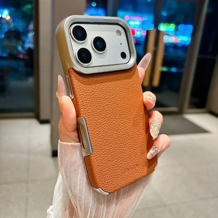 Luxury Electroplating Alloy Lens Frame Leather Texture iPhone Case – MagSafe Compatible Protective Cover