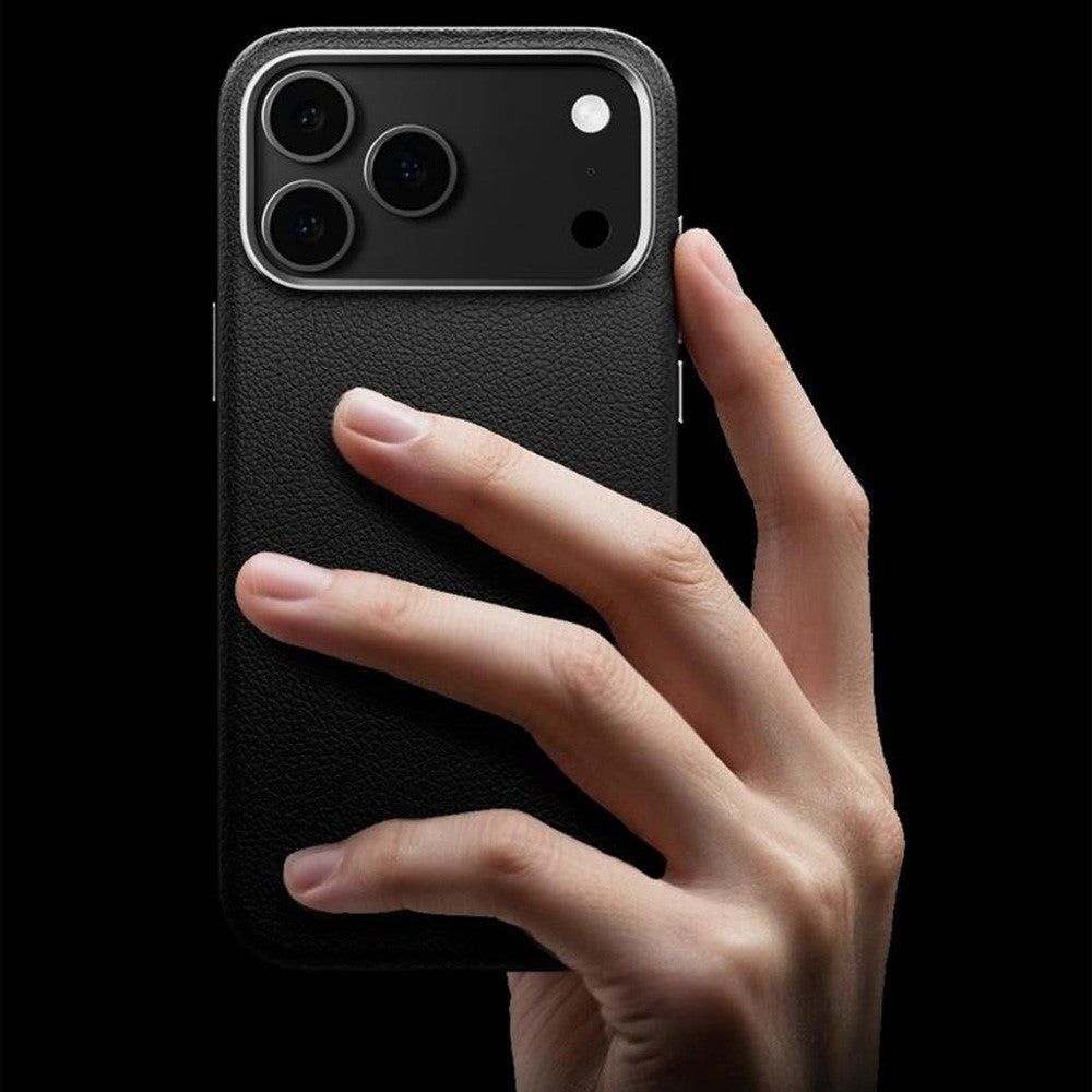 Luxury Electroplating Alloy Lens Frame Leather Texture iPhone Case – MagSafe Compatible Protective Cover