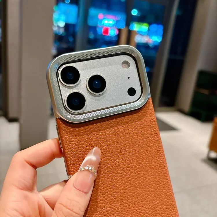 Luxury Electroplating Alloy Lens Frame Leather Texture iPhone Case – MagSafe Compatible Protective Cover