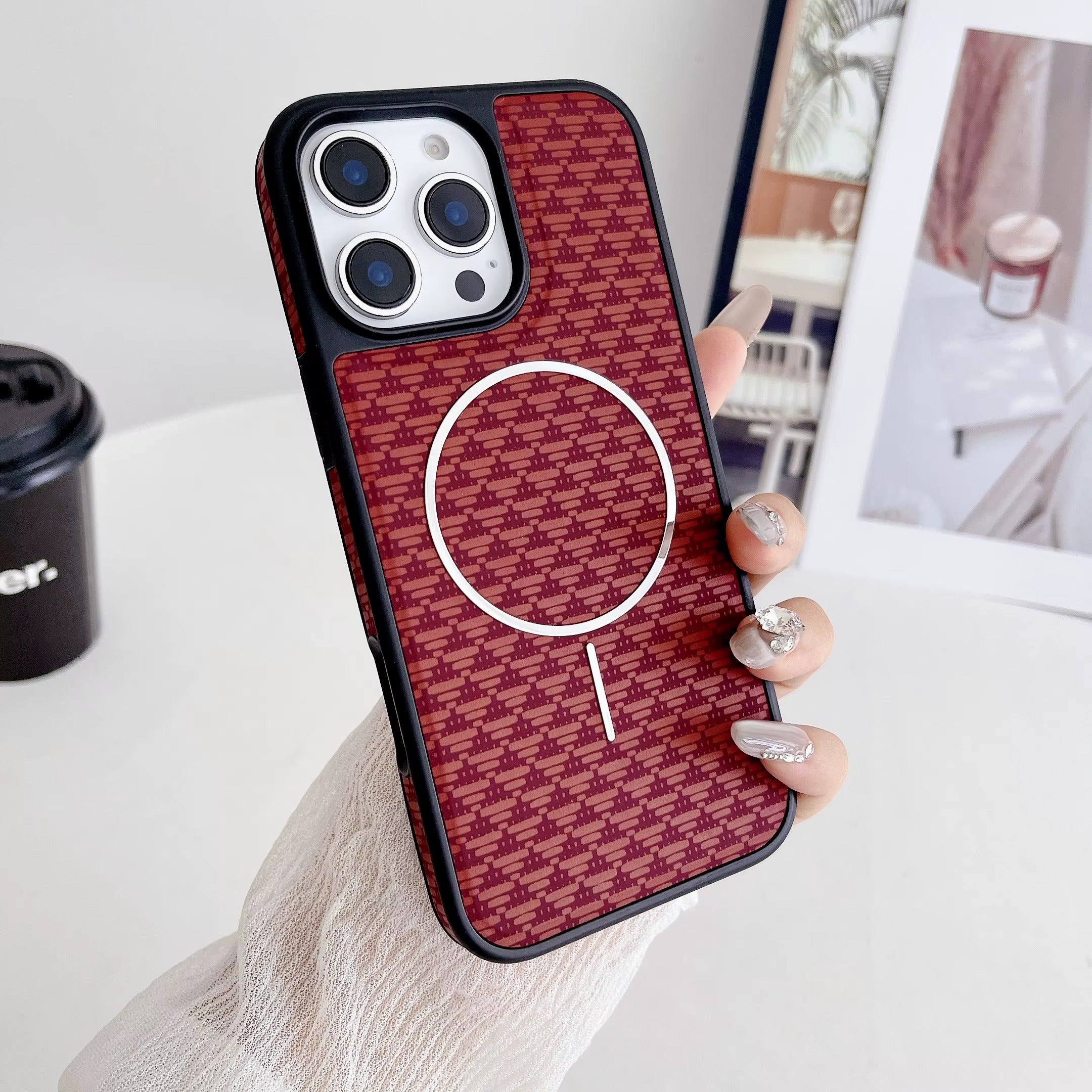 Sports Design Carbon Fiber Pattern Magnetic Protection Cover for iPhone Series Includes Camera Protector