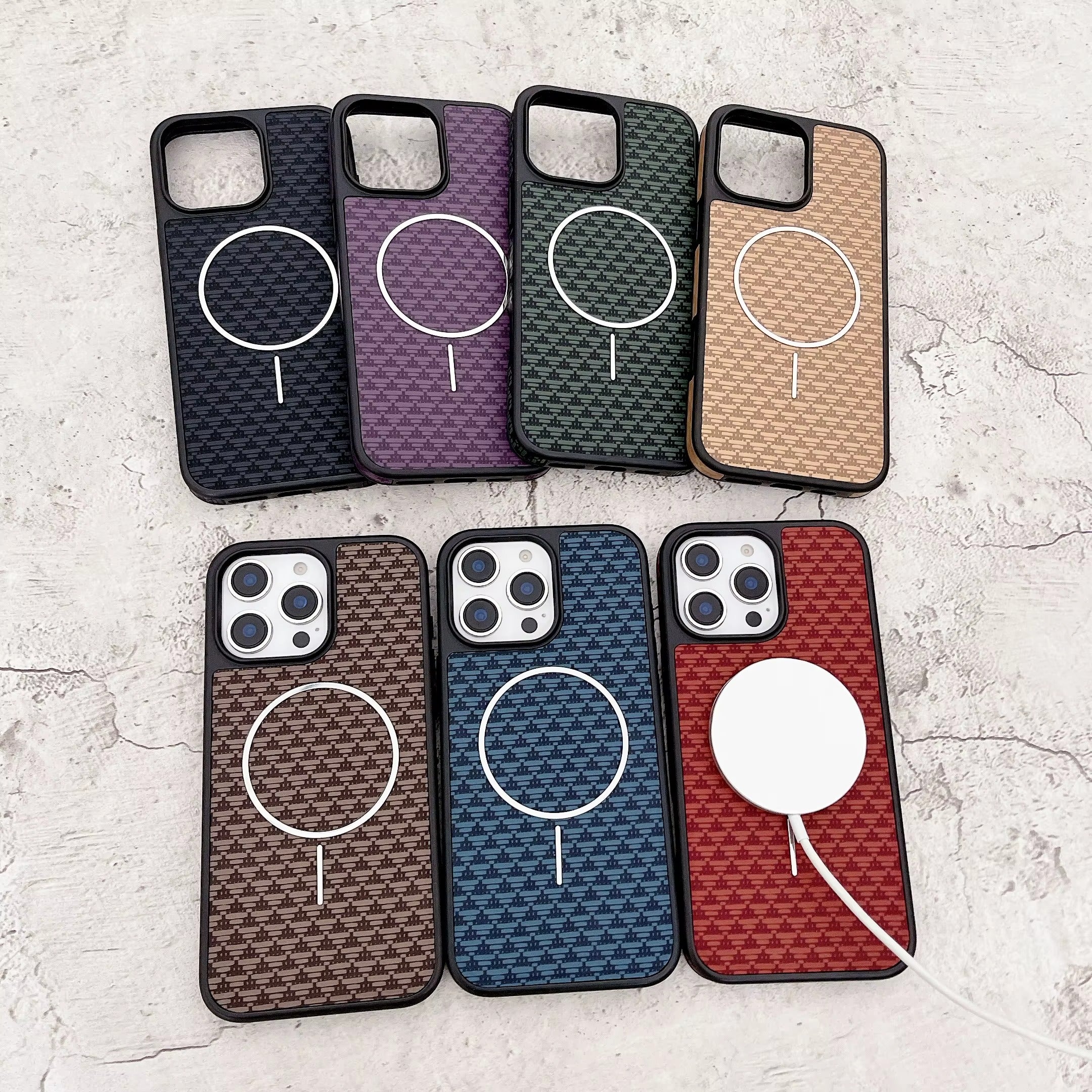 Sports Design Carbon Fiber Pattern Magnetic Protection Cover for iPhone Series Includes Camera Protector