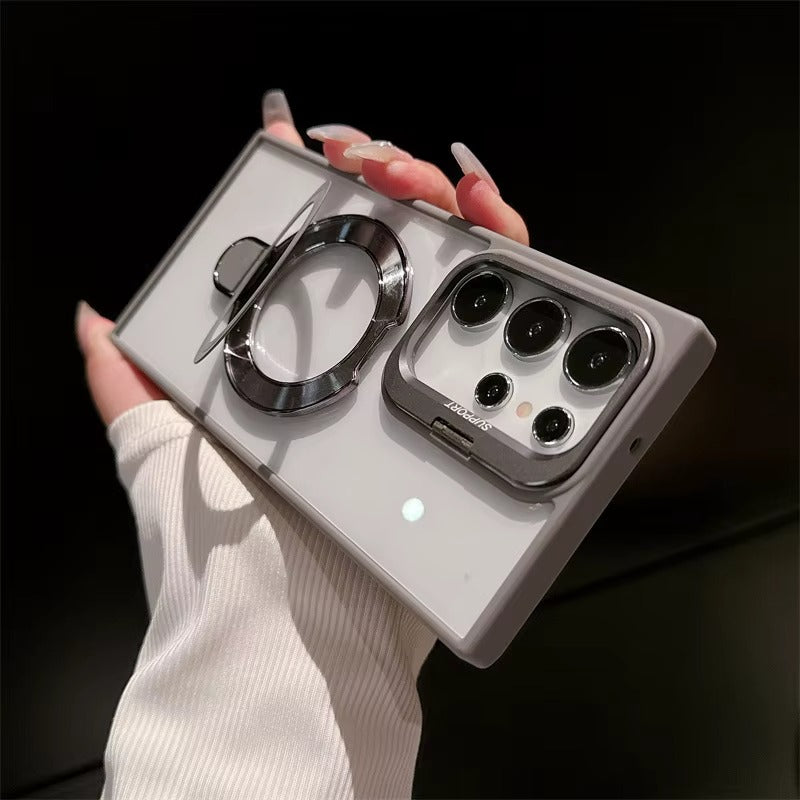 Transparent Magnetic Camera Lens Frame Invisible Stand Phone Case for Samsung Series