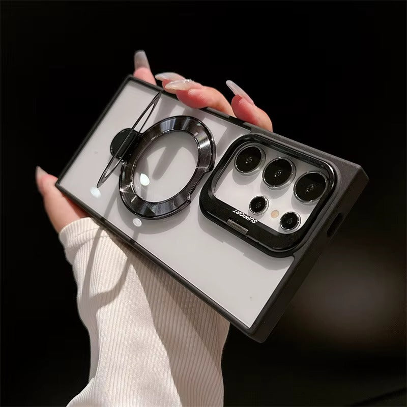 Transparent Magnetic Camera Lens Frame Invisible Stand Phone Case for Samsung Series