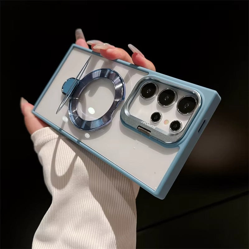 Transparent Magnetic Camera Lens Frame Invisible Stand Phone Case for Samsung Series